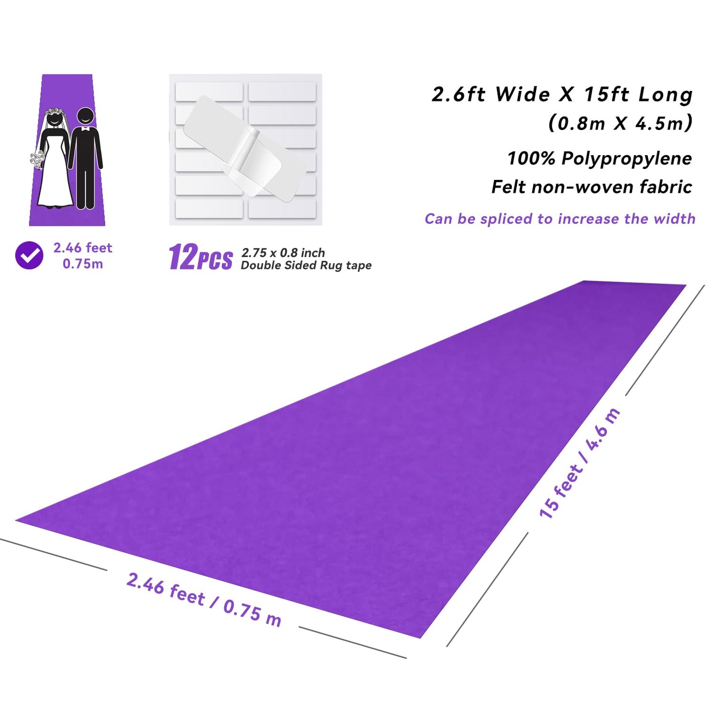 EZLucky Purple Carpet Runner for Party, 2.6X15ft, 130GSM Felt Non-Woven with Double-Sided No Traces Adhesive Sticke, Aisle Runner for Wedding, Movie Theme Party Decos, Pink Runway Rug for Prom