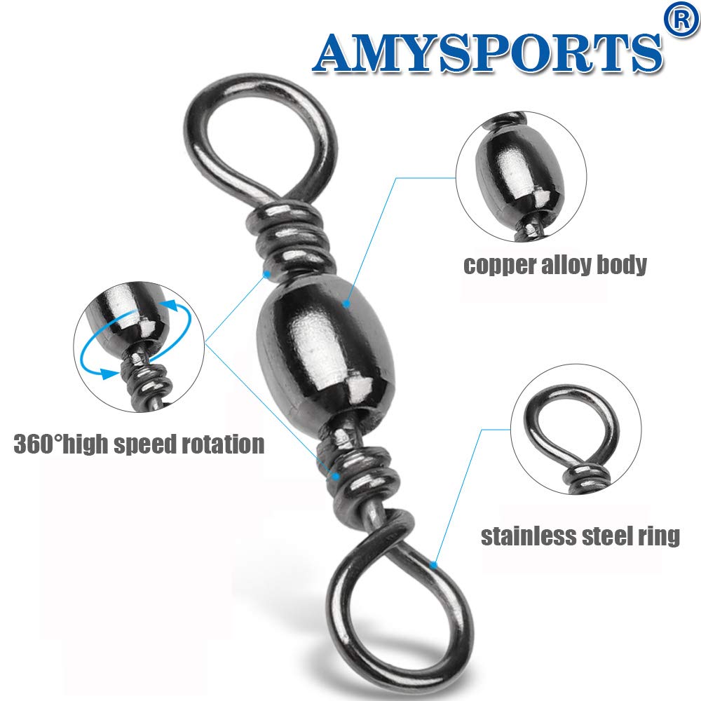 AMYSPORTS High Strength Fishing Swivels - Barrel Solid Ring & Rolling Fishing Tackle Line Connectors - Saltwater & Freshwater - Stainless Steel Accessories - 100pcs - 31lbs