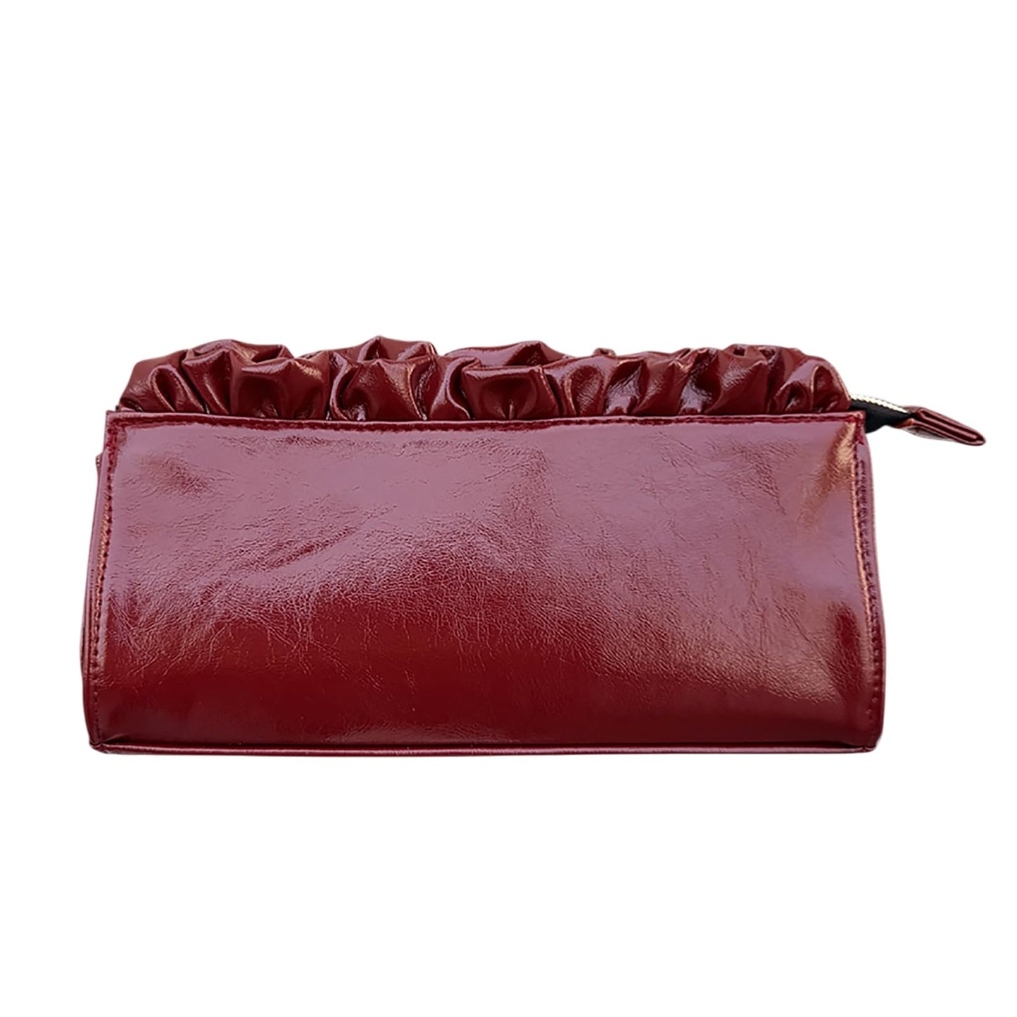Stizimn Burgundy & Black PU Leather Ruffle Makeup Bag for Women, Waterproof Zipper Cosmetic Pouch with Spacious Interior, Travel Toiletry Organizer for Skincare Essentials (Burgundy)