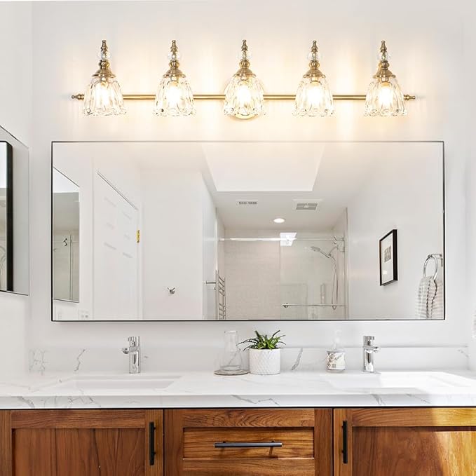5 Lights Brass Gold Bathroom Light Fixtures, Antique Vanity Light with Flower Glass Shade, Bathroom Vanity Light Over Mirror, Farmhouse Sconces Wall Lighting for Hallway Livingroom Bedroom