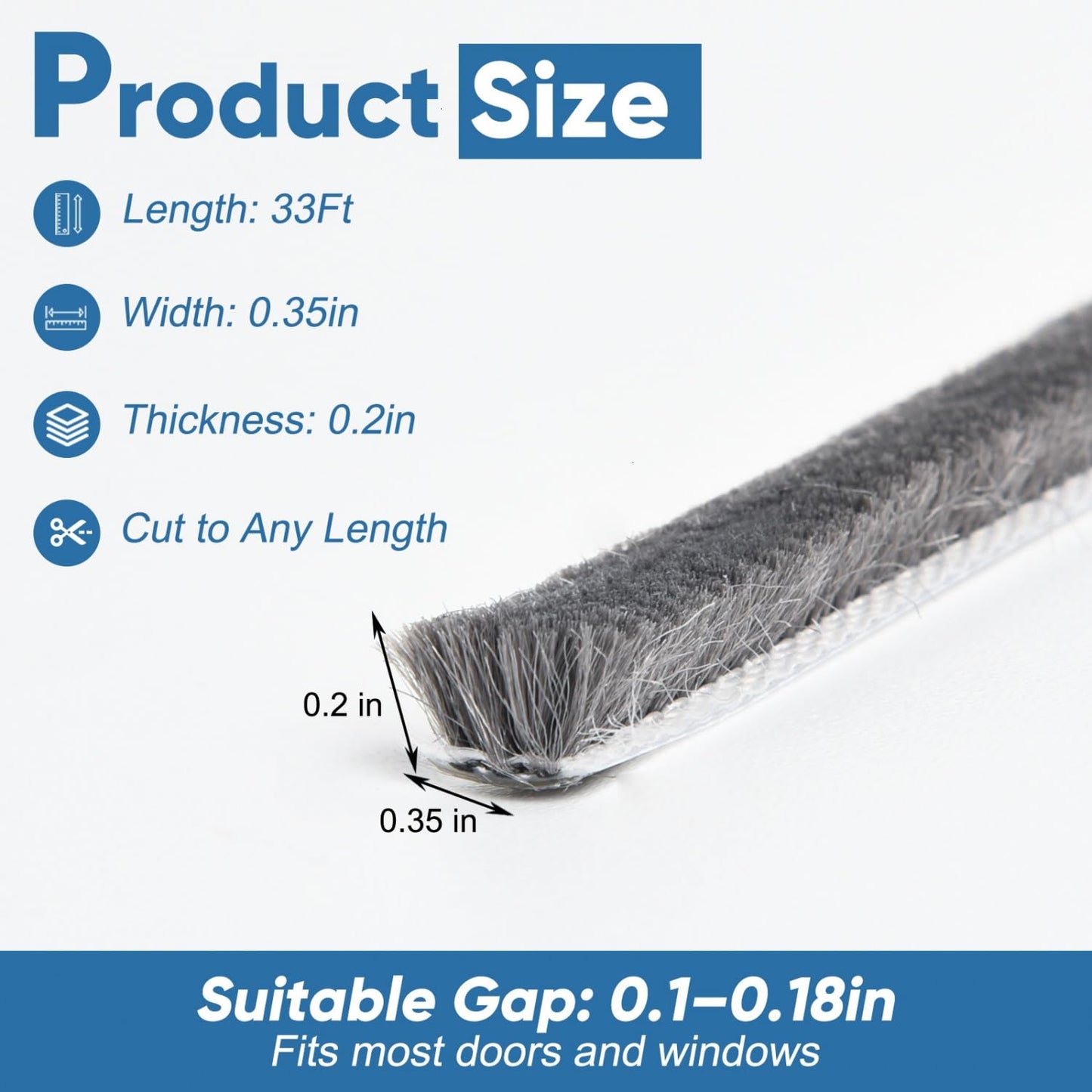 YoleShy 33 Ft Brush Weather Stripping Door Seal Strong Self-Adhesive Weather Stripping Window Seal Soundproofing Windproof Dustproof 0.35 in Wide x 0.2 in Thick, Grey