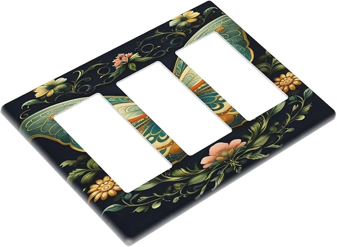 Butterfly Ornate with Flower 3 Gang Rocker Triple Outlet Wall Plate Decorative Switchplate Cover Faceplate GFCI Light Switch Covers for Farmhouse Living Decor