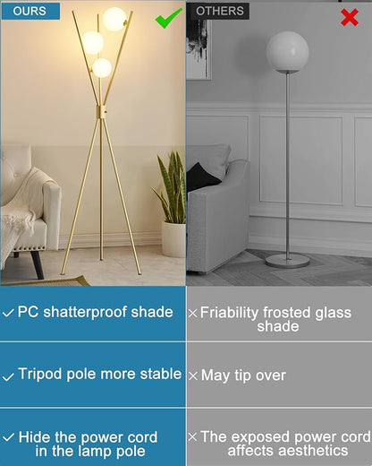 Lightdot Tripod Floor Lamp Stepless Dimmable Globe Modern Floor Lamp Gold Standing Lamps with 3PCS 3000K G9 Bulbs Stable Base Mid Century Modern Floor Lamps for Living Room