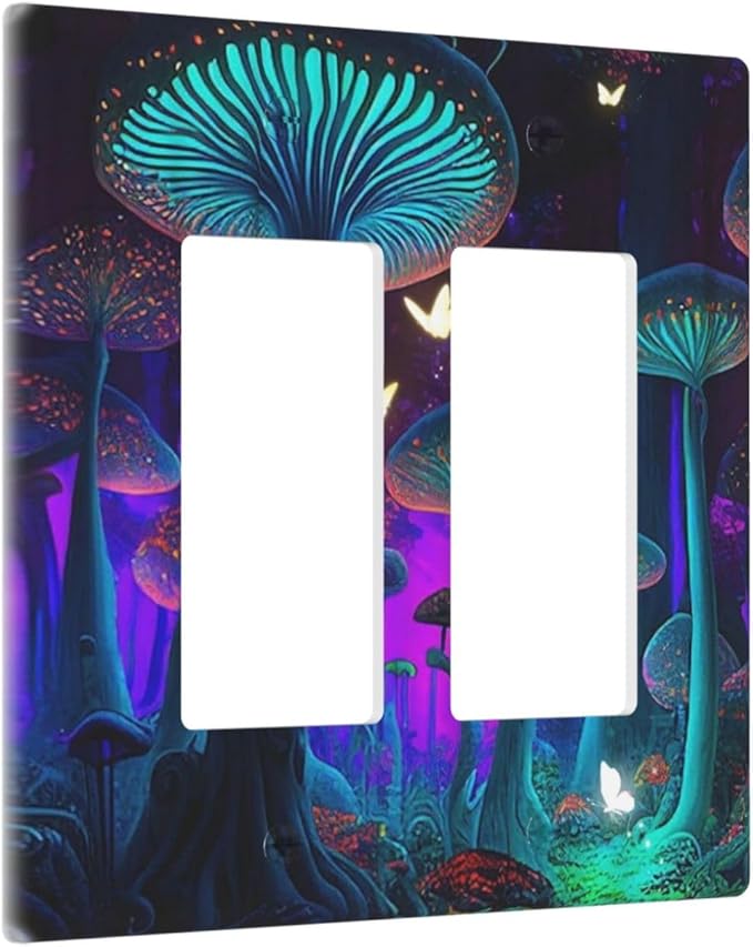 Fantasy Mushroom Forest Glowing Butterfly Double Rocker Light Switch Cover 2 Gang Wall Plate Covers Decorative Electrical GFCI Outlet Plates for Home Bathroom Kitchen Decor