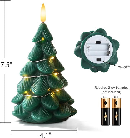 Homemory Christmas Tree Candles with Remote, 2 Pcs Waxy LED Flameless Candles Flickering, Green Electric Lights Battery Operated for New Year Celebration Holiday Decorations 7.5 Inches