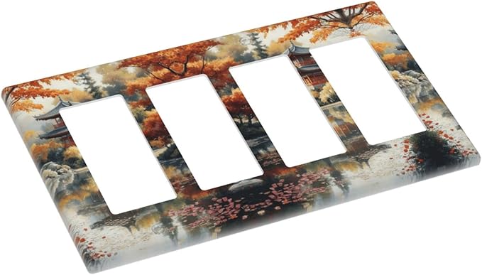 Decorative Art Light Switch Covers Lake & Pagoda in Fall 4 Gang Rocker Decora Outlet Covers Electrical Faceplate GFCI Wall Plate for Home Decor