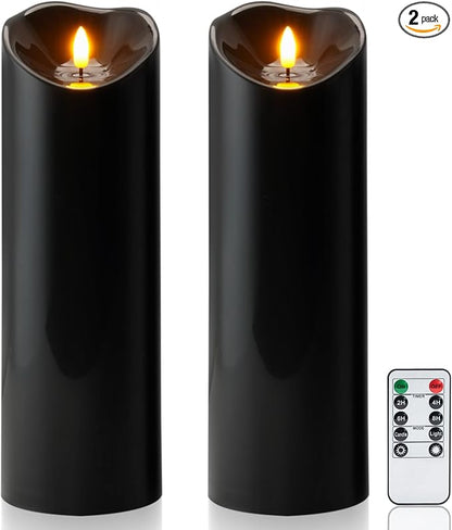 Homemory 4"x12" Black Flameless Candles, Halloween Candles, Outdoor Waterproof Flameless Candles with Remote and Timers, Gothic, Battery Operated LED Pillar Candles, Won't Melt Plastic, 2Pack