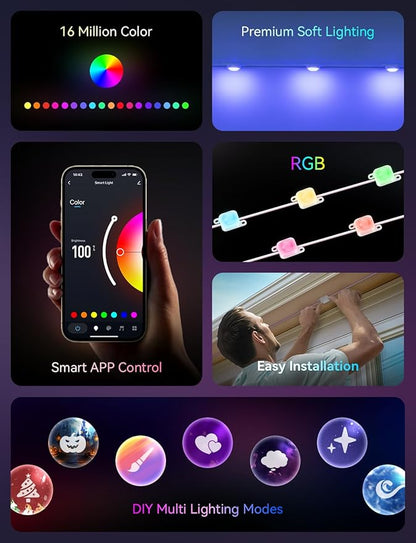 RGB Permanent Outdoor Lights for House, 300FT with 150 LED, IP67 Waterproof LED Lights for Christmas Decorations, Work with Remote, APP
