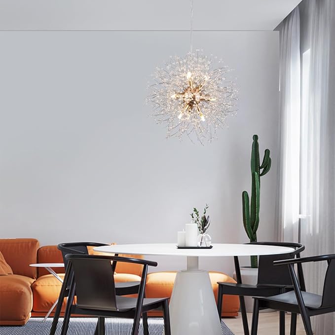 Firework Modern Chandelier, 9 Lights Sputnik Chandeliers for Dining Room, Dandelion Crystal Chandeliers for Entryway, Gold Chandelier Light Fixture for Bedroom