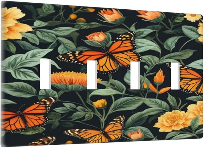 Butterflies Flower Garden Light Switch Covers Quad Toggle 4 Gang Wall Plate Decorative Switchplate Electrical Faceplate for Farmhouse Bathroom Living Decor