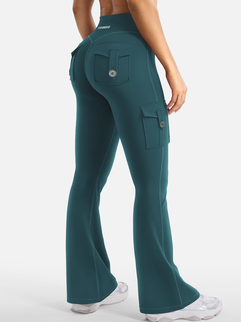 YEOREO CoreFlex Women Workout Flare Leggings with Pockets Hidden Scrunch High Waisted Cargo Gym Yoga Leggings Mediterranea L