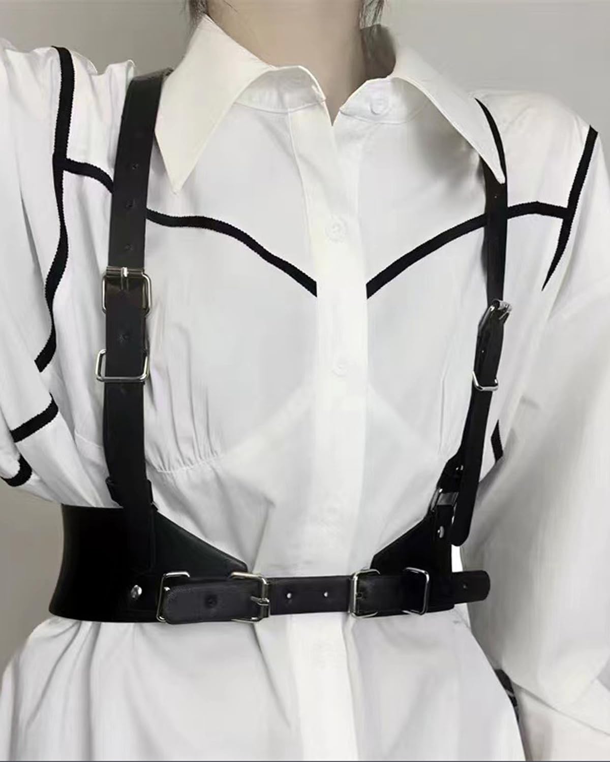 Pretishows Punk Womens Waist Belt Adjustable Suspenders Straps PU Leather Harness Belt Large