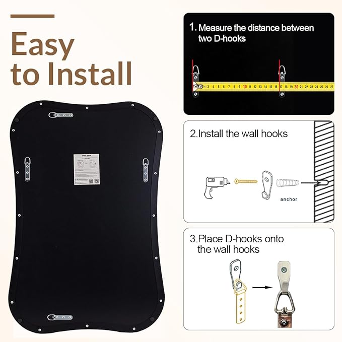 ANDY STAR 24x36 Inch Black Bathroom Mirror, Modern Scalloped Black Mirror with Unique Notched Edges Design in1 Inch Stainless Steel Frame Wall Mounted Horizontal/Vertical for Home Decor