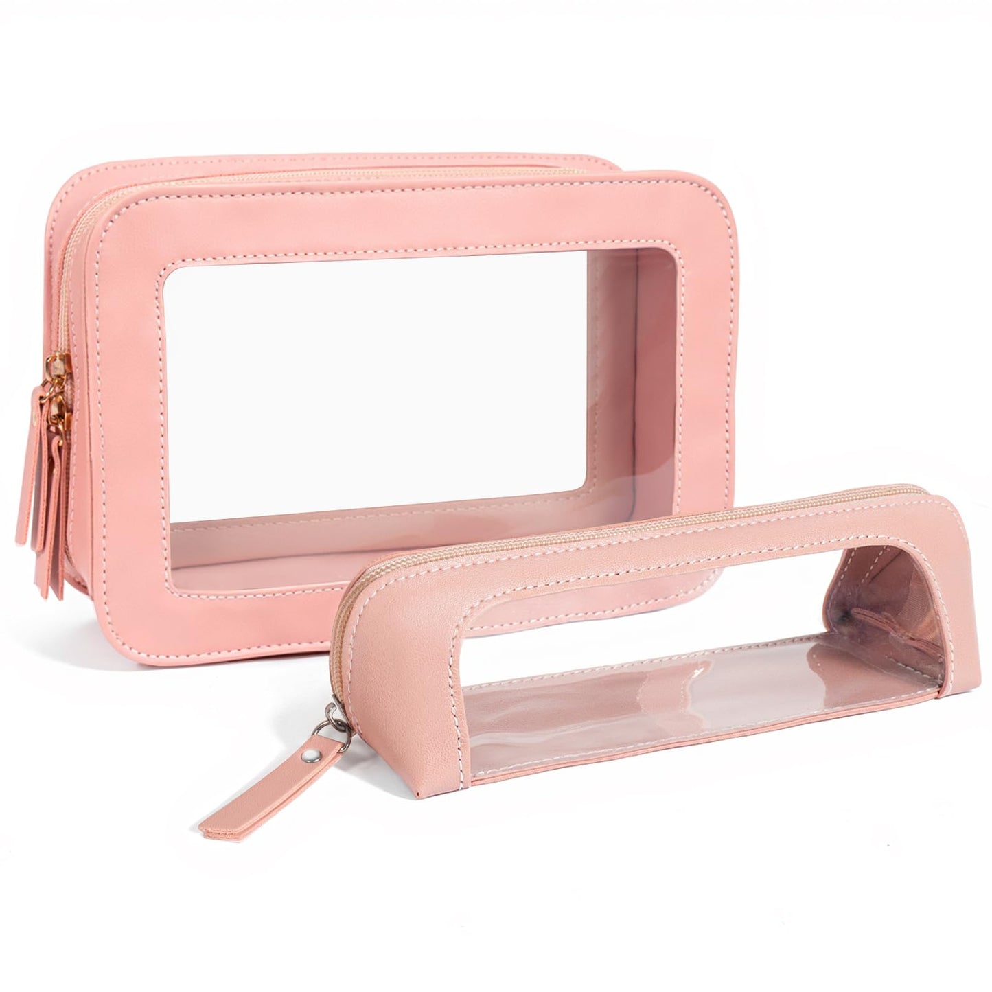 LETGO Clear Travel Makeup Brush Bag, Leather Portable Makeup Brush Bag Organizer Pouch Lipstick Bag Transparent Waterproof Makeup Bag Car Orangizer Storage Bag for Women (Dual Pink)