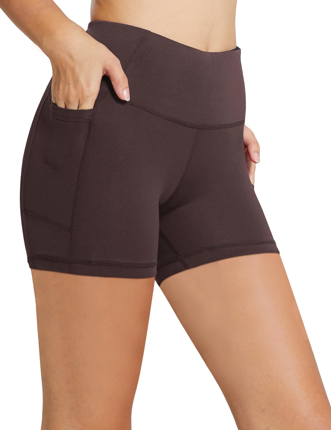 baleaf Biker Shorts Women Yoga Gym Workout Spandex Running Volleyball Tummy Control Compression with Pockets 5" Brown S