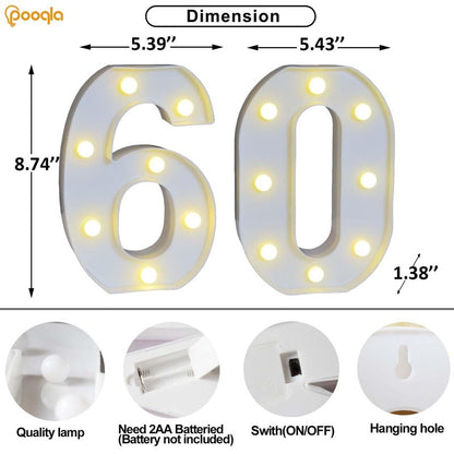 Pooqla Decorative Led Light Up Number Letters, White Plastic Marquee Number Lights Sign for 60th Birthday Party Wedding Decor Battery Operated Number (60)
