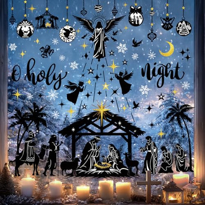 wondever Jesus Nativity Scene Window Clings Holy Night Religious Silhouette Christmas Glass Sticker Decal Anti Collision Double-Side Static Window Decals for Home Xmas Holiday Party