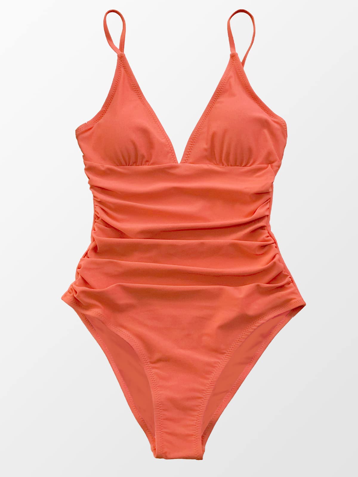 CUPSHE Womens Swimwear V Neck Shirring Swimsuit,Orange, X-Large