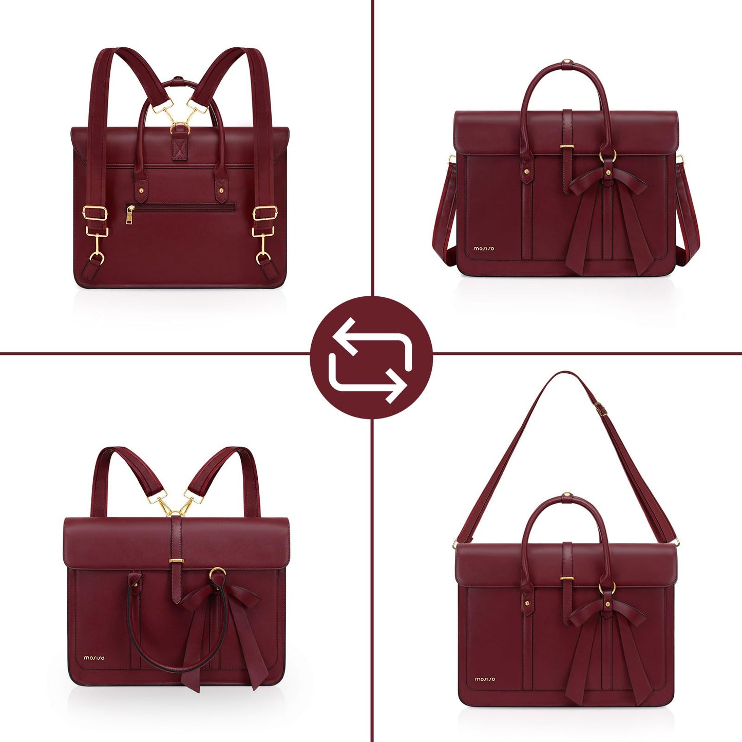 MOSISO Laptop Bag for Women, 15-15.6 inch PU Leather Laptop Shoulder Bags Convertible Backpack, 16 inch Messenger Bags Casual Handbag Work Briefcase Travel Computer Bag with Bowknot, Wine Red