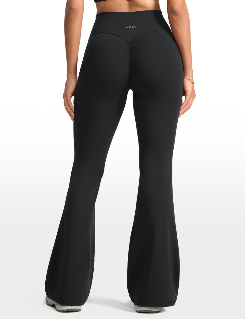 INGIA Womens High Waist No Front Seam Scrunch Butt Flare Leggings Workouts 31 Inches V-Back Bootcut Gym Yoga Pants Black Large
