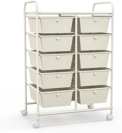 Giantex 10 Drawers Rolling Cart, Classroom Organizers, Storage Cart with Wheels, for Teacher Office Home School Supplies Tool Craft Art Paper, Ivory Color