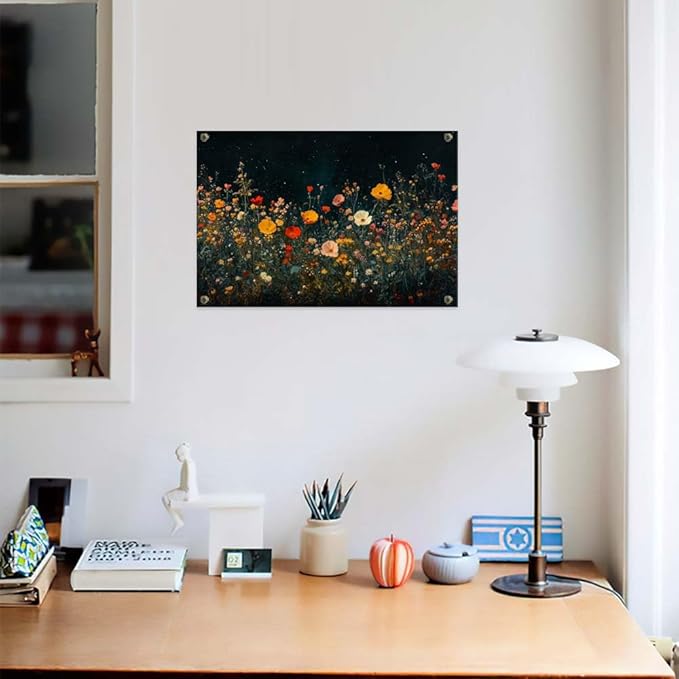 Yesad Wildflowers Field Landscape Wall Art, Floral Canvas Wall Art Wildflowers at Night Flower Prints Painting Rustic Wall Décor for Living Room Bedroom Farmhouse (Unframed,12"x8",Wildflower1)