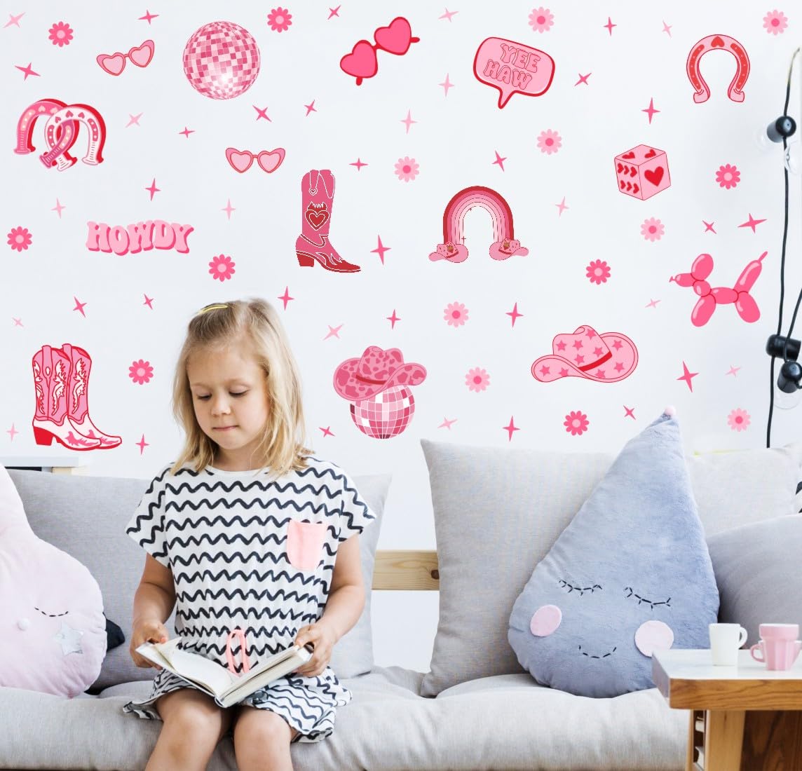YIMEHDAN Pink Cowgirl Wall Decal, Boots Horseshoe Iron Hat Disco Ball Vinyl Wall Stickers, Removable Preppy Western Girls Artwork for Teen Bedroom Dormitory Decor