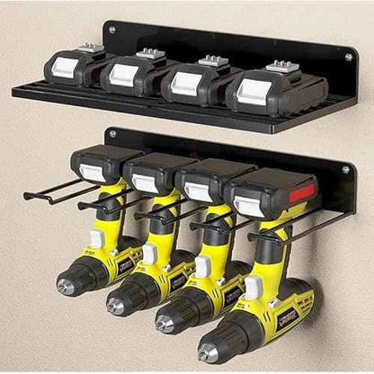 2-Tier Power Tool Organizer, Storage Rack Wall Mount Drill Holder for 4 Power Drill Tools, Space Saving, Utility Storage Rack for Garage, Workshop, Tool Library Etc