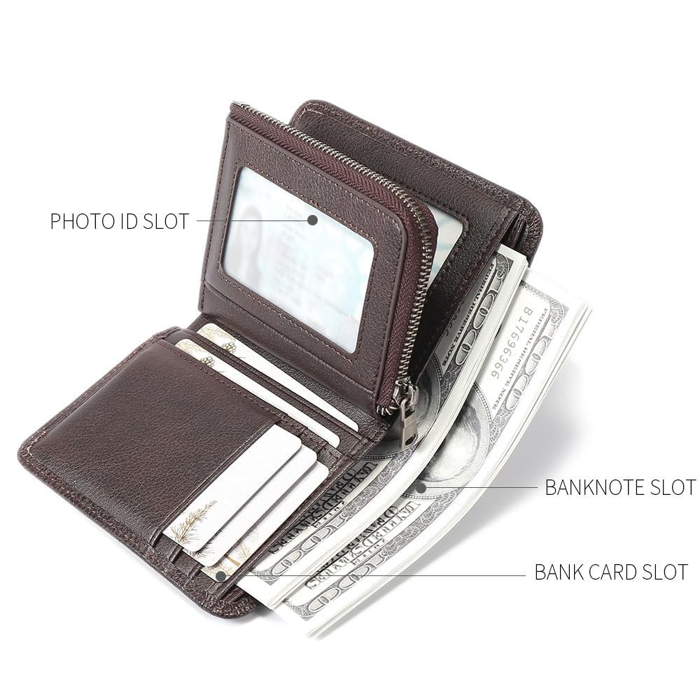 ZYLOXAR Genuine Leather Wallet for Men Zipper RFID Blocking Durable 8 Card Slots 2 ID 2 Cash Compartments High Capacity Organizer (Coffee)