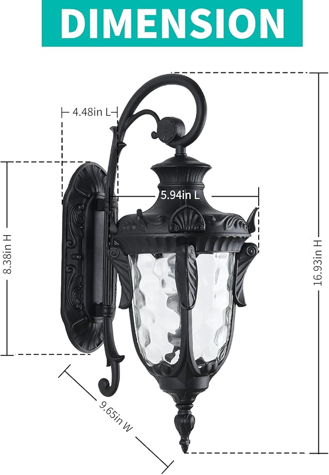 LONEDRUID Outdoor Wall Light Fixtures Black 16.93”H Exterior Wall Lantern Waterproof Sconce Porch Lights Wall Mount with Hammered Glass Shade for House