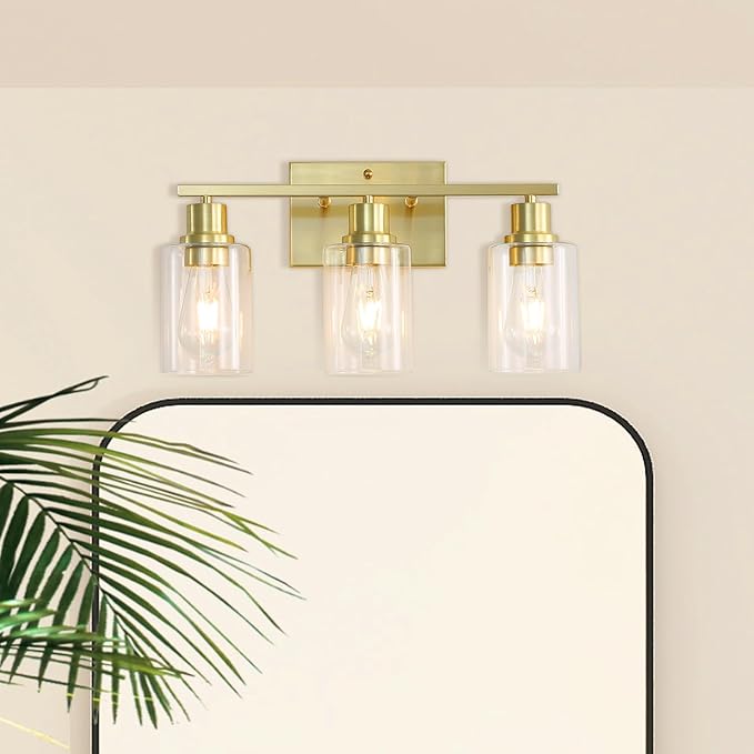 3-Lights Modern Wall Sconces Gold Bathroom Vanity Light Fixtures,Brushed Brass Wall Lights with Clear Glass Shades, Farmhouse Wall Lighting for Hallway,Living Room,Bedroom