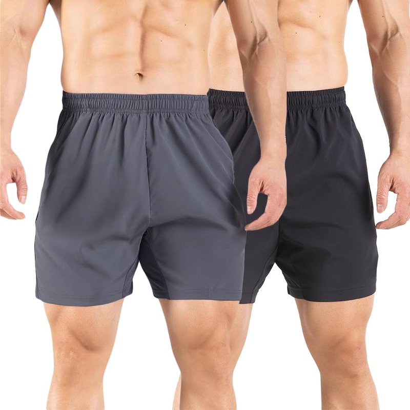 Gaglg Men's 5" Running Shorts 2 Pack Quick Dry Athletic Workout Gym Shorts with Zipper Pockets Black/Dark Grey,Medium