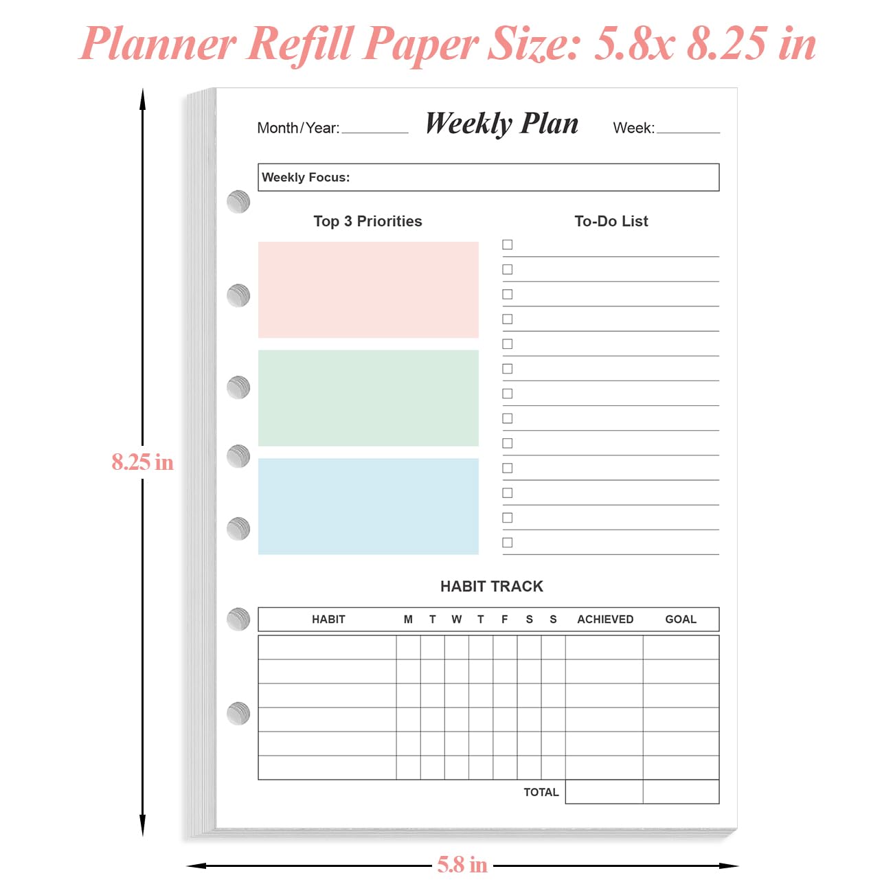(2-PACK) Weekly Planner Refills for 3 or 7 Ring Mini Binders - 106 Sheets/212 Pages Undated Colorful Weekly Planner, 100 gsm White Paper, Lasts 2 Year, Undated, 5.8" x 8.3"