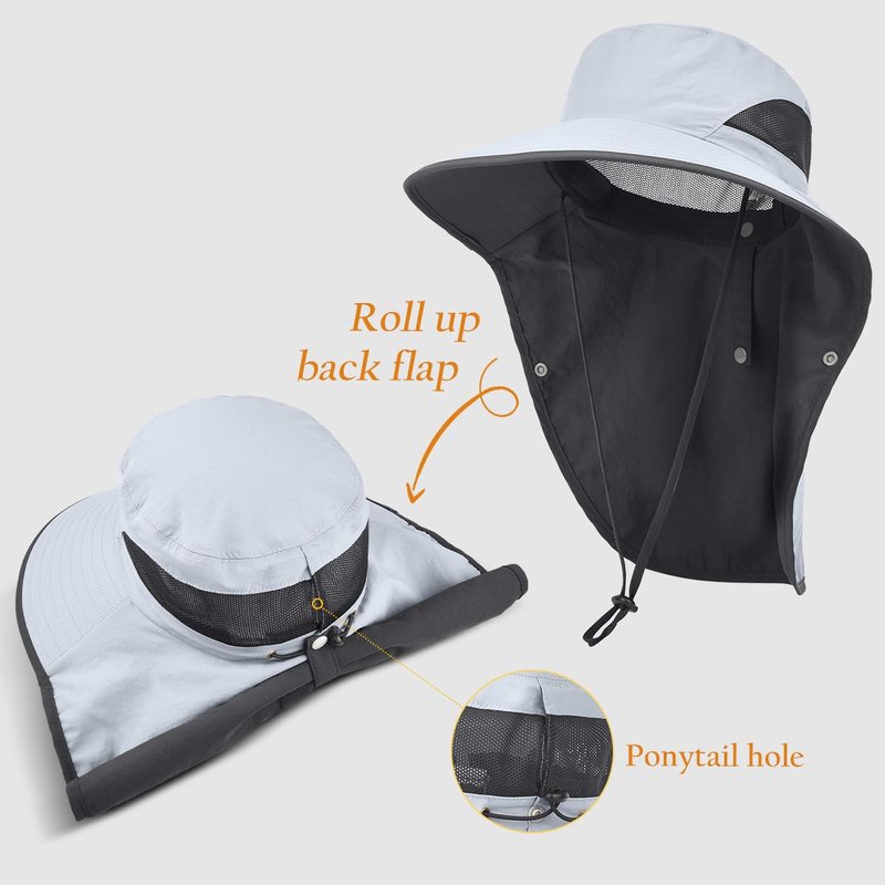 Womens Sun Hat Wide Brim UPF50+ Outdoor Sun Protection Ladies Fishing Hat with Neck Flap Detachable Face Cover (US, Alpha, One Size, Light Grey)