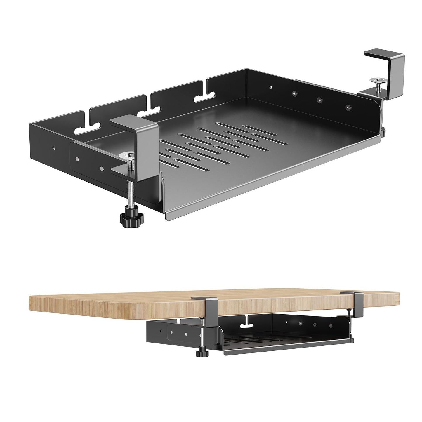 No Drill Under Desk Laptop Mount, Metal Under Desk Storage Shelf with Cable Management, Laptop Storage Tray for MacBook, Keyboard, Mac Mini, Anti-Scratch Silicone, Fits Office, Gaming, Workstations