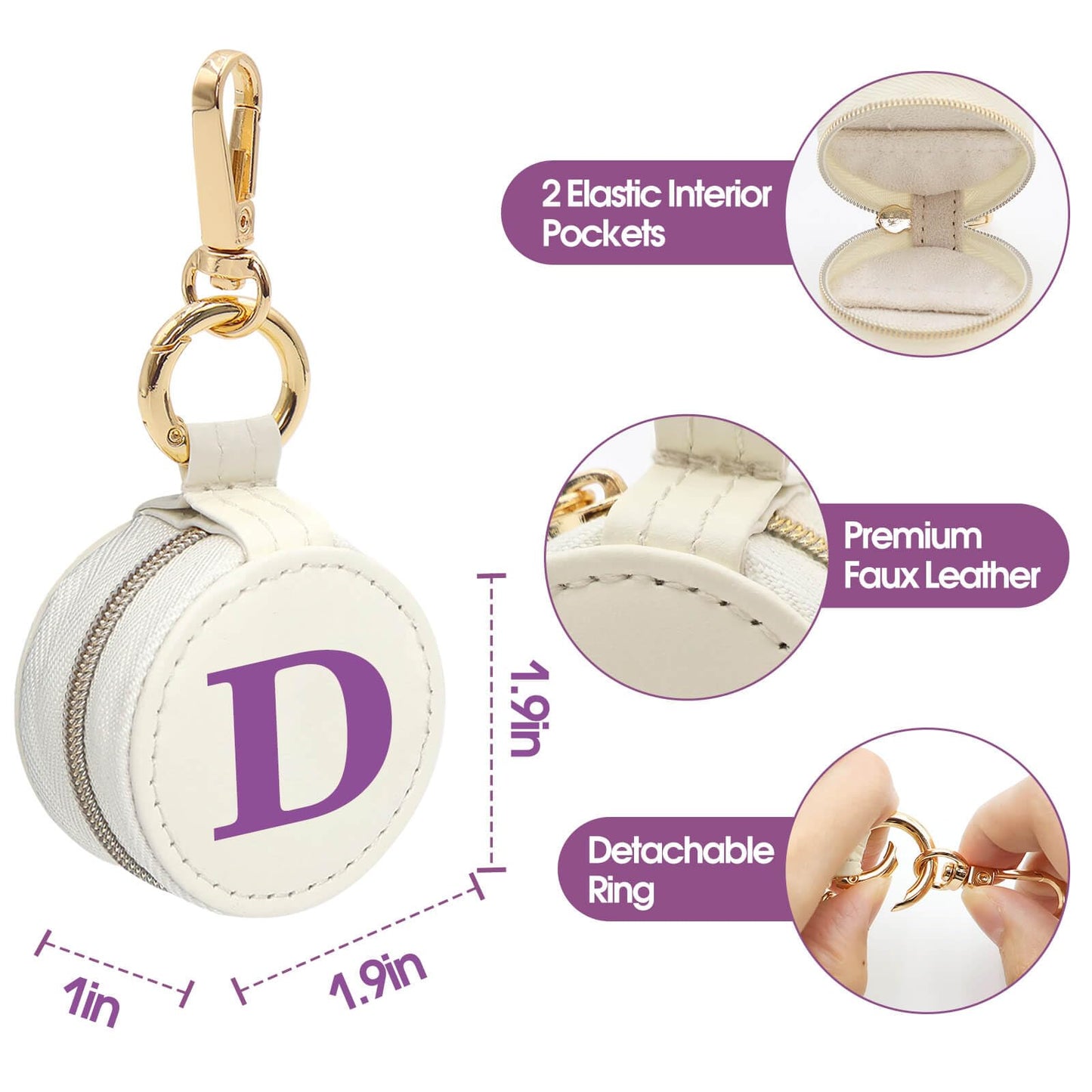Mini Initial Travel Jewelry Case Ring Holder, Beige Faux Leather Small Jewelry Organizer Box Gifts for Women Girls Nurse Teacher, Gym Travel Accessories Keychain Pouch for Earrings Rings Necklace D