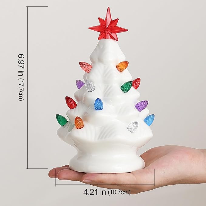 B SEPOR Ceramic Christmas Tree, 7 inch, LED Light Up, White Pre-Lit Tabletop Holiday Decoration