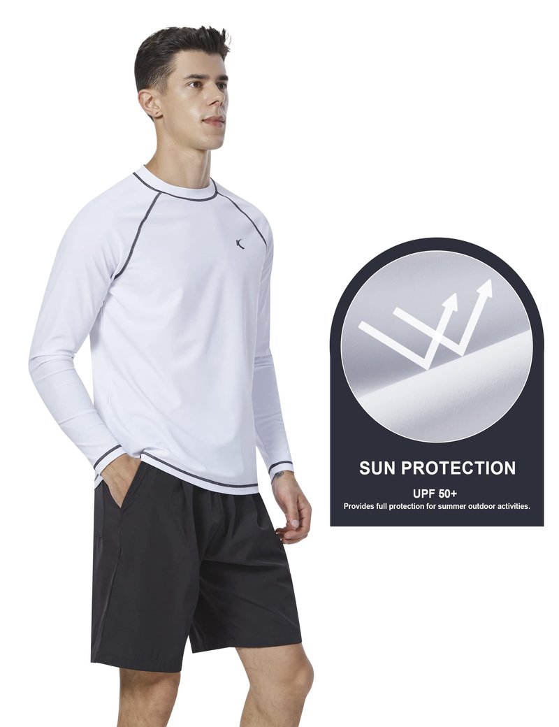 Mens Rash Guard UPF 50+ Swim Shirts UV Sun Protection T-Shirt Quick Dry Long Sleeve Beach Shirts for Fishing, White, L