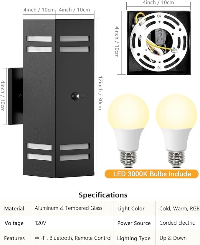 KIZON Motion Sensor Outdoor Lights, Modern Outdoor Wall Lights Black Exterior Lighting Fixture Wall Mount, Aluminum Motion Detector Lights for House Porch Front Door