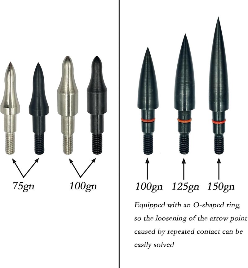 Archery Points - 12pcs Stainless Steel 5/16 Inch Screw-in Bullet Tips for Crossbow, Recurve & Compound Bow | 75/100/125/150 Grains