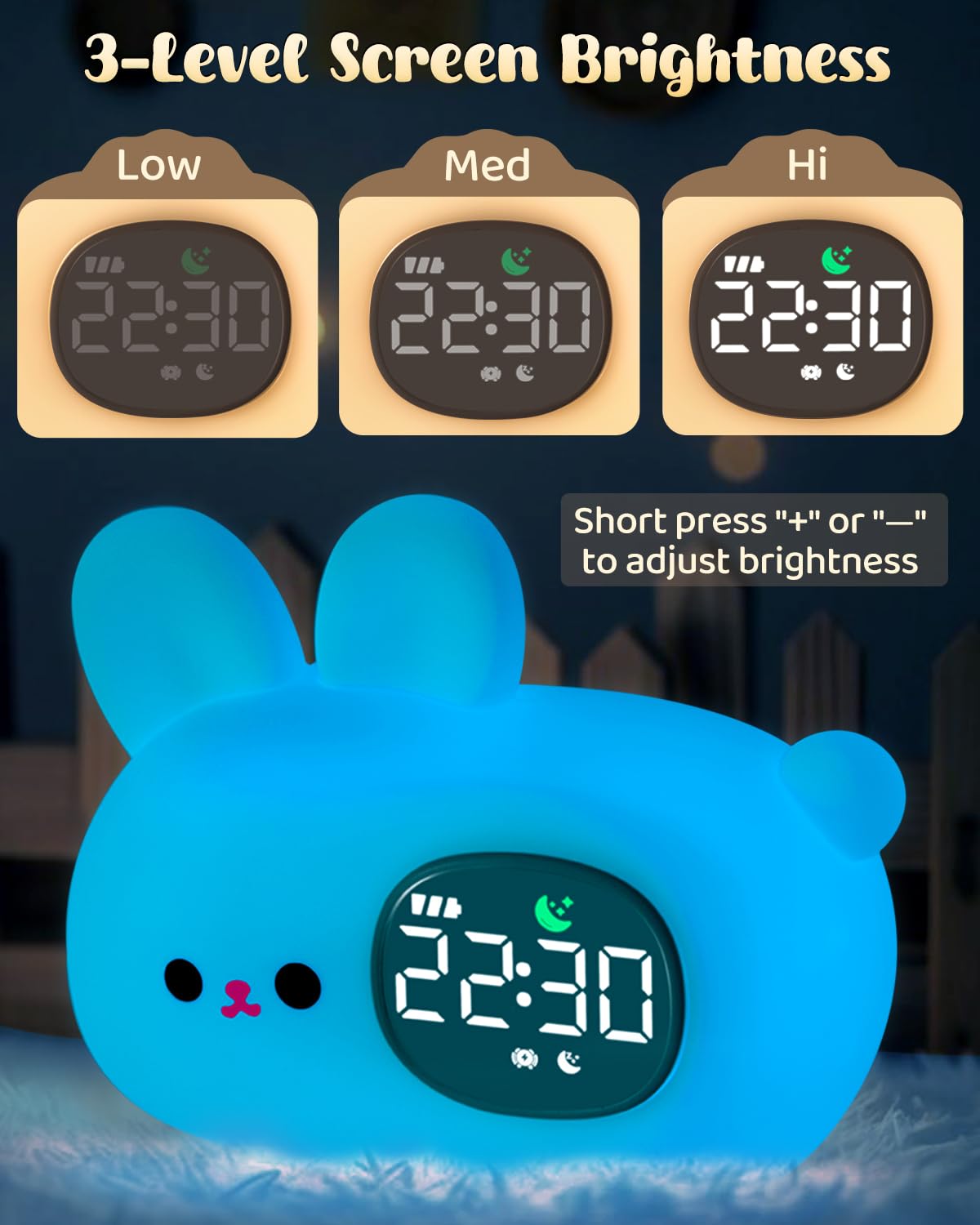 Yiliaw Bunny Alarm Clock for Kids with Night Light, Sleep Training Clock Time to Wake Clock, Rechargeable Silicone Light for Bedroom, Perfect Sleep Companion for Boys Girls