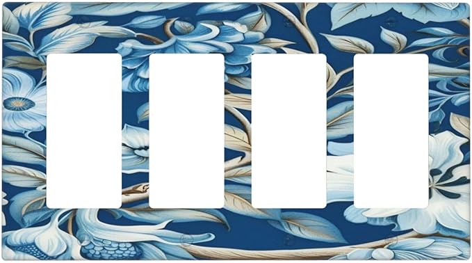 Blue Flowers Branches Leaves Floral Pattern Light Switch Cover 4 Gang Rocker Decora Outlet Covers Wall Plate Decorative Switchplate Electrical Faceplate GFCI for Farmhouse Living Bedroom Decor