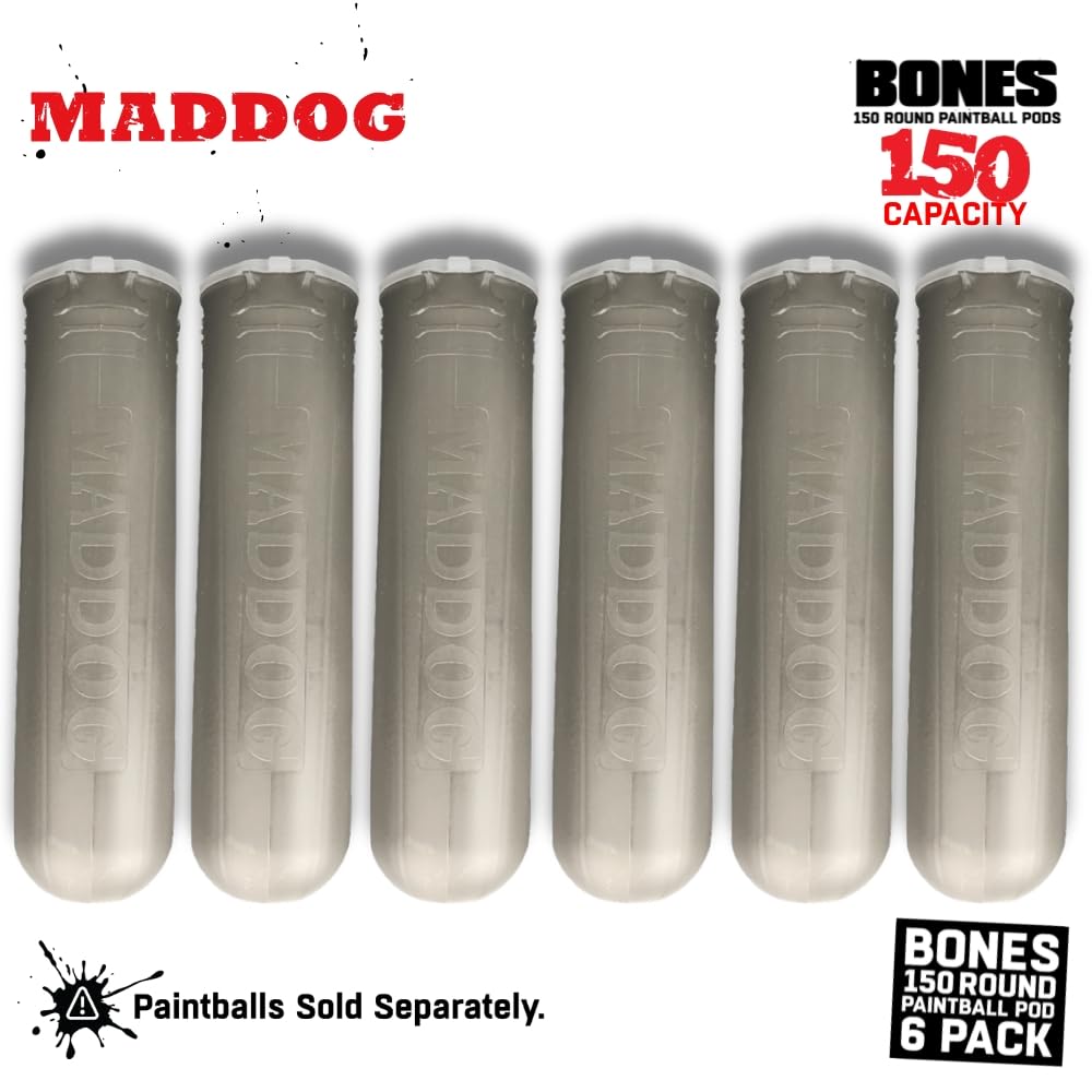 Maddog 150 Round Bones Paintball Pods | Durable Quick Reload Tubes for Tournament and Recreational Speedball Woodsball | 6 Pack - Smoke