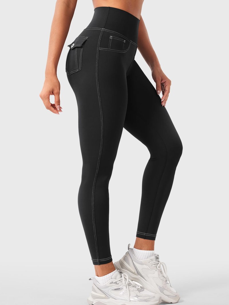 YEOREO CoreFlex Women Workout Leggings with Pockets Scrunch Butt Lifting Gym Cargo Denim-Look Yoga Pants Black L