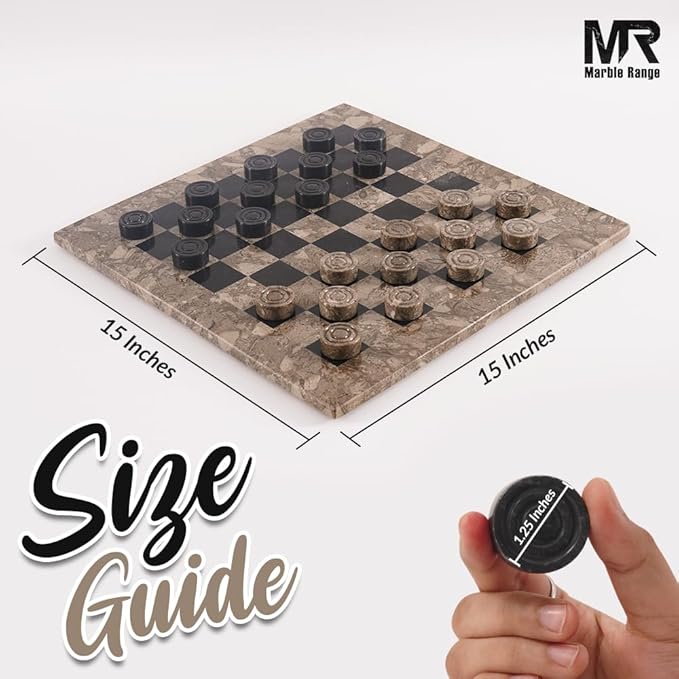Marble Checkers Board Game 15 Inches Oceanic and Black Handmade 2-Player Tournament Checker Set Board Game Set – Elegant Holiday