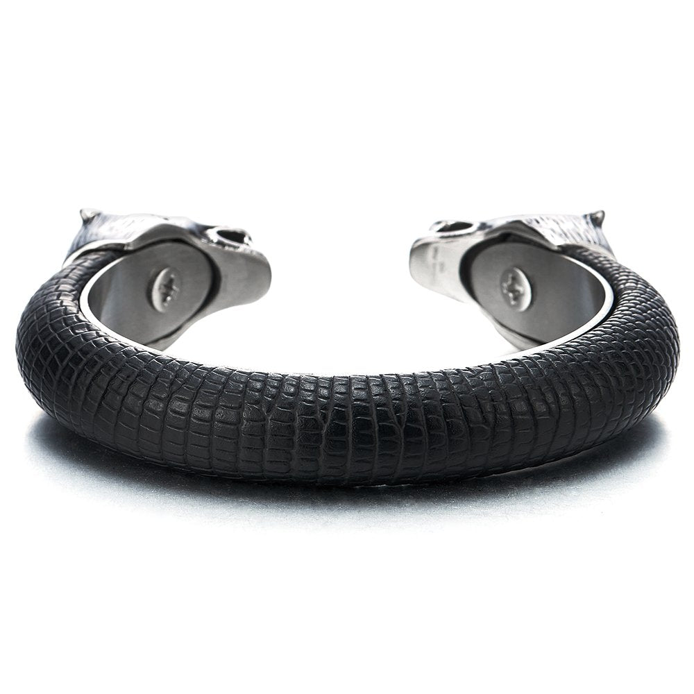 COOLSTEELANDBEYOND Mens Steel Wolf Head Open Cuff Bangle Bracelet Inlaid with Black Leather Elastic Adjustable