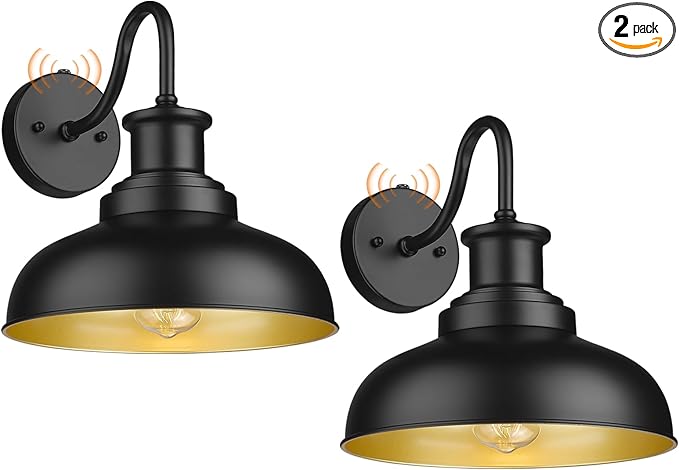 Dusk to Dawn Outdoor Gooseneck Barn Lights Outdoor Wall Sconces Farmhouse Exterior Wall Mount Light Vintage Outside Lighting Fixture Industrial Black Lanterns for Porch Garage Shed Patio, 2 Pack