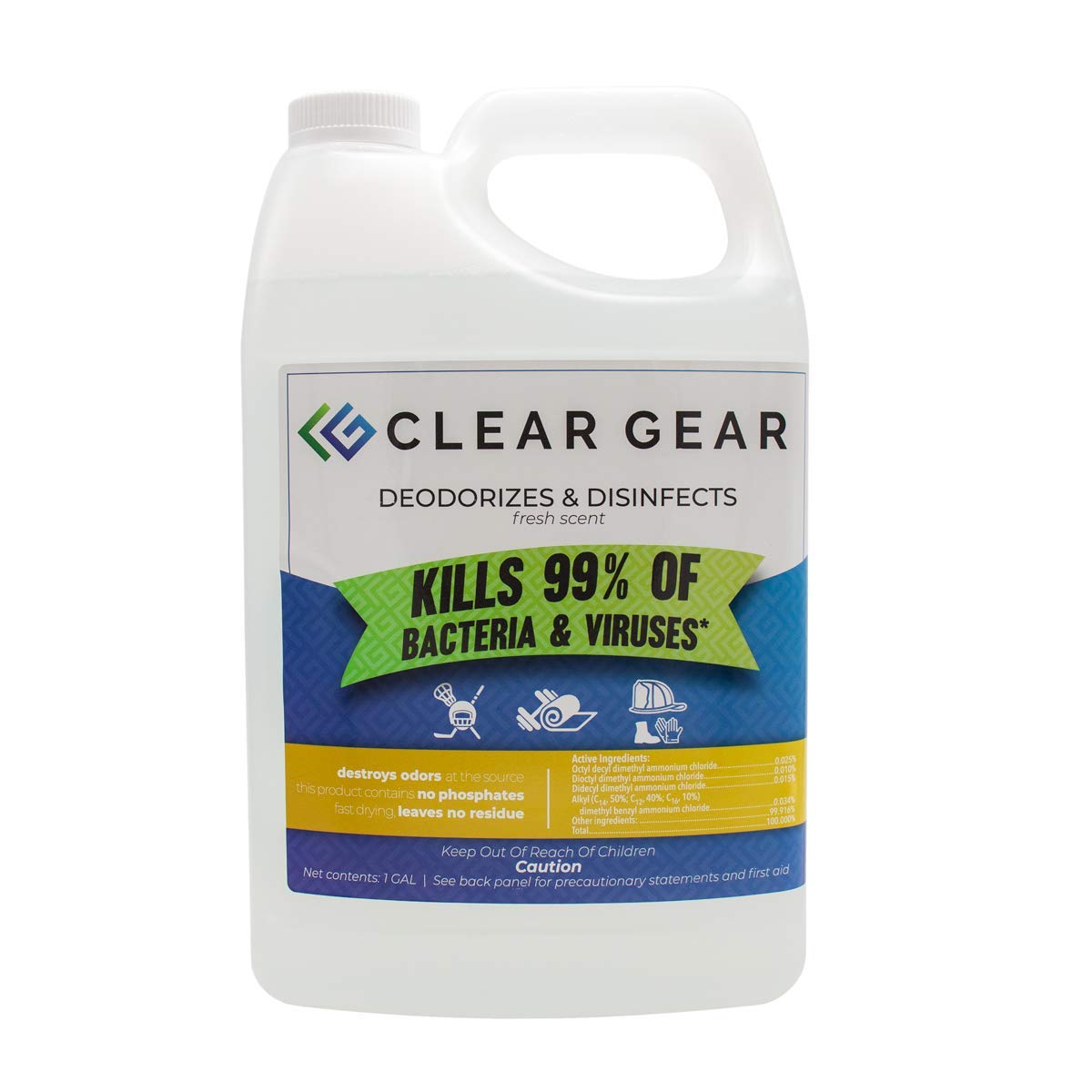 Clear Gear - Disinfectant, Cleaner, and Deodorizer for Sports Equipment, Gyms, and Fitness Centers - EPA-Registered, Hospital Grade, Made in USA - 1 Gallon Bottle
