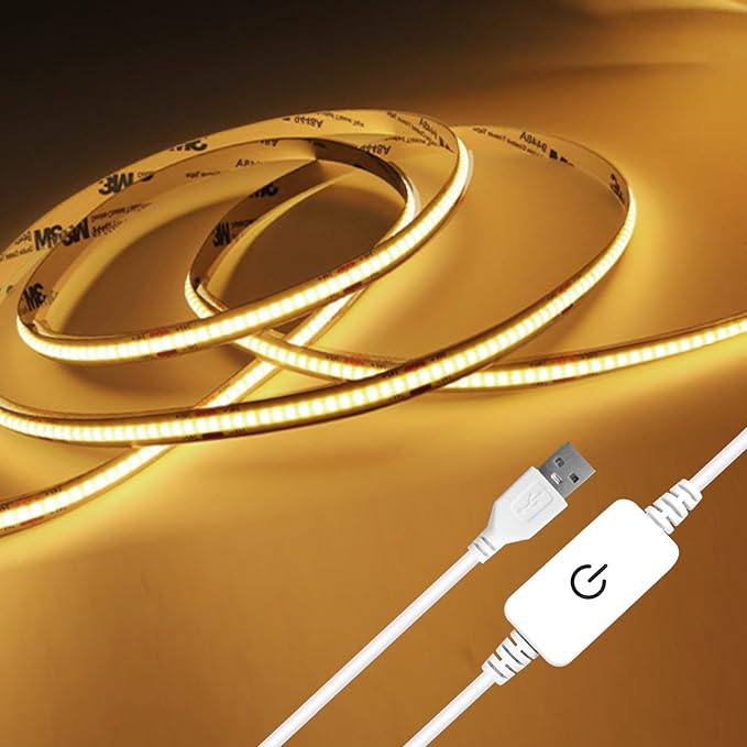 3.28FT/1M COB LED Strip Light 3000K Warm White High Lumen Dimmable Strip Paired USB Suitable for Bedroom Cabinets