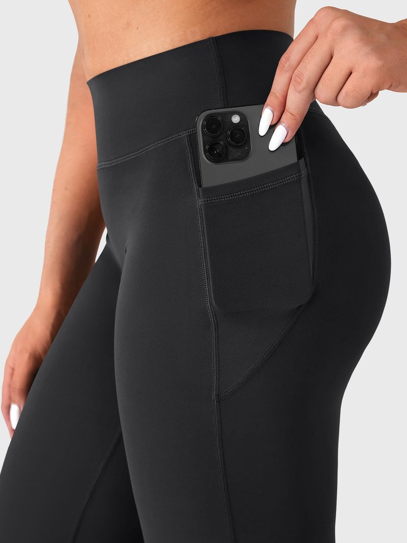 YEOREO Ease Workout Leggings with Pockets for Women No Front Seam Straight Leggings High Waist Wide Leg Yoga Pants 31.5" Black S